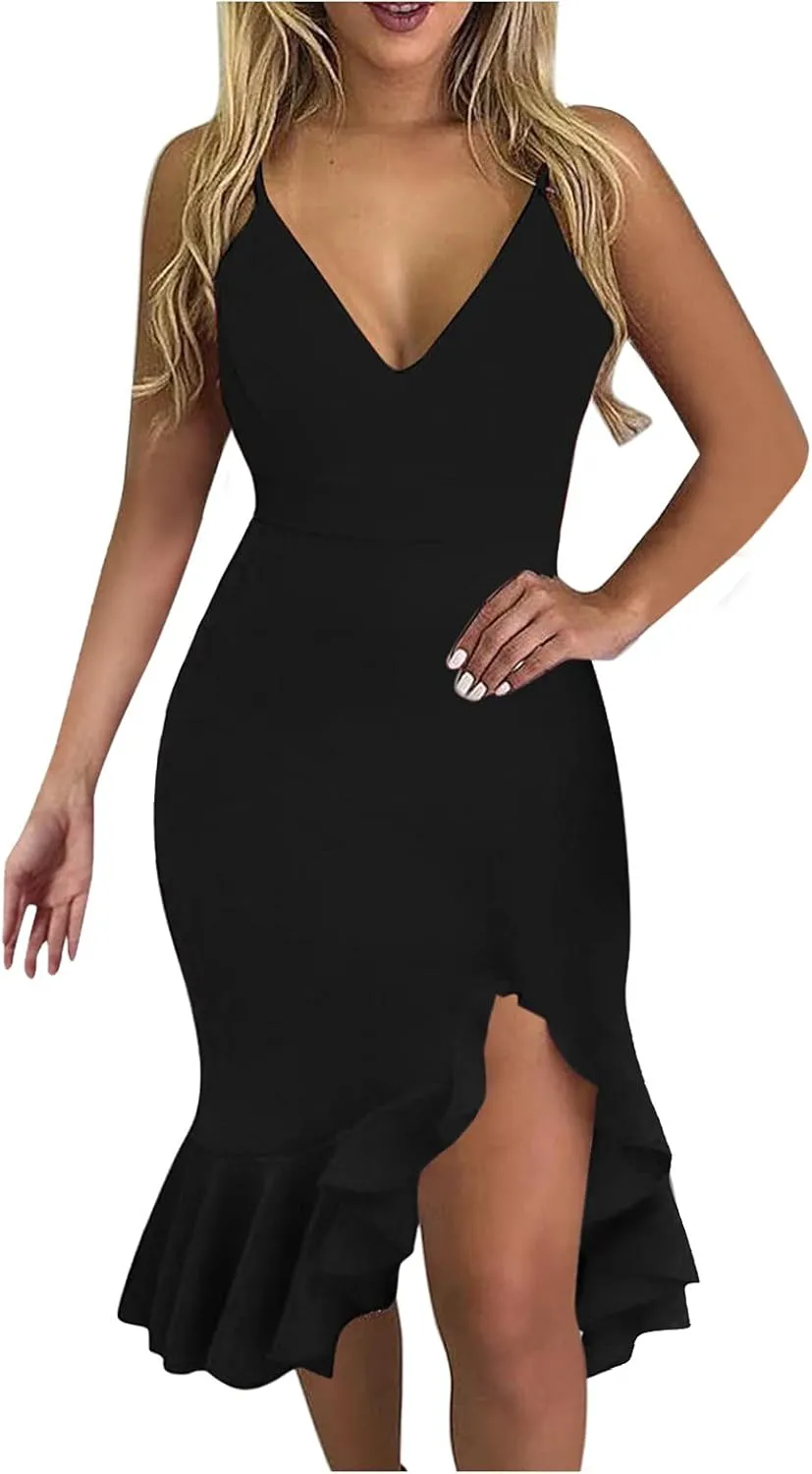 iQKA Women Sexy Cocktail Dress Ruffle Hem Sling Dresses Floral Print V Neck Sleeveless Pencil Dress Vestidos