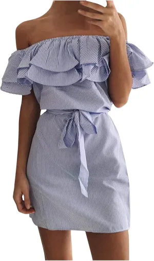 iQKA Women Sexy Dress Off Shoulder Ruffle Hem Slash Neck Short Dresses Strapless Stripe Print Mini Dress with Bandage