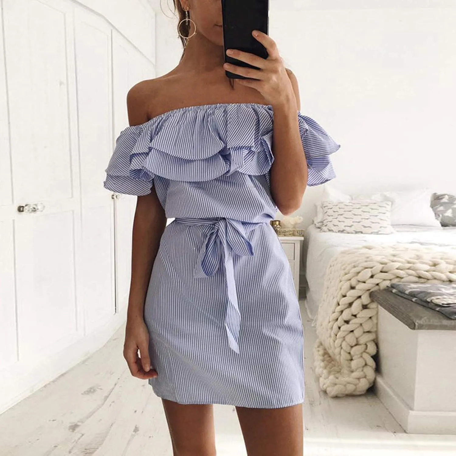iQKA Women Sexy Dress Off Shoulder Ruffle Hem Slash Neck Short Dresses Strapless Stripe Print Mini Dress with Bandage