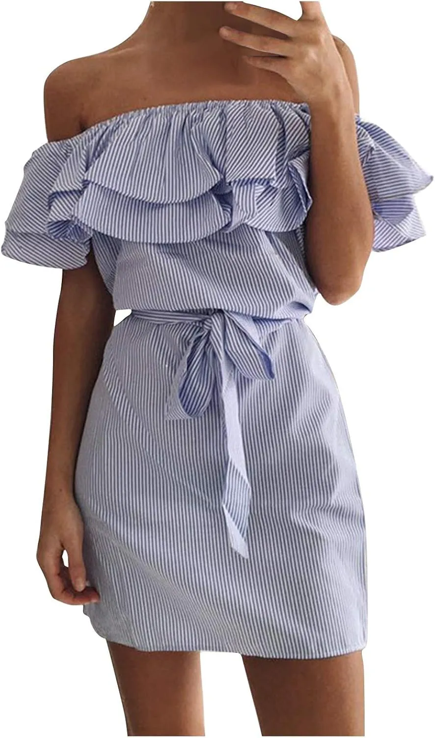iQKA Women Sexy Dress Off Shoulder Ruffle Hem Slash Neck Short Dresses Strapless Stripe Print Mini Dress with Bandage