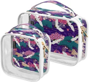 Japanese-cranes Pattern 2 Pack Clear Toiletry Bag Women Men, Portable Waterproof Clear Pouch, Cosmetic Bag with Double Zippers Large Opening Traveling with Handle for Bathroom Traveling Vacation Organ