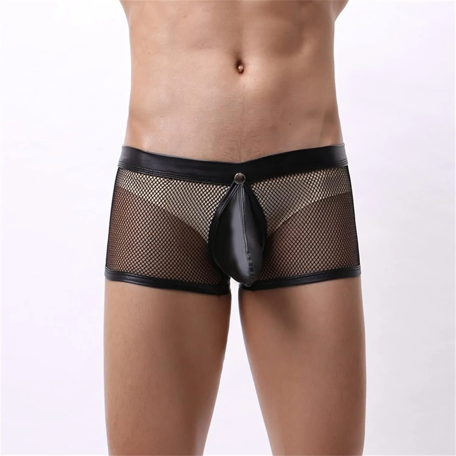JEsilunmaMY Men's See Through Boxer Briefs Mesh Hollow Underwear with Removable Pouch Open Crotch Leather Lingerie Clubwear