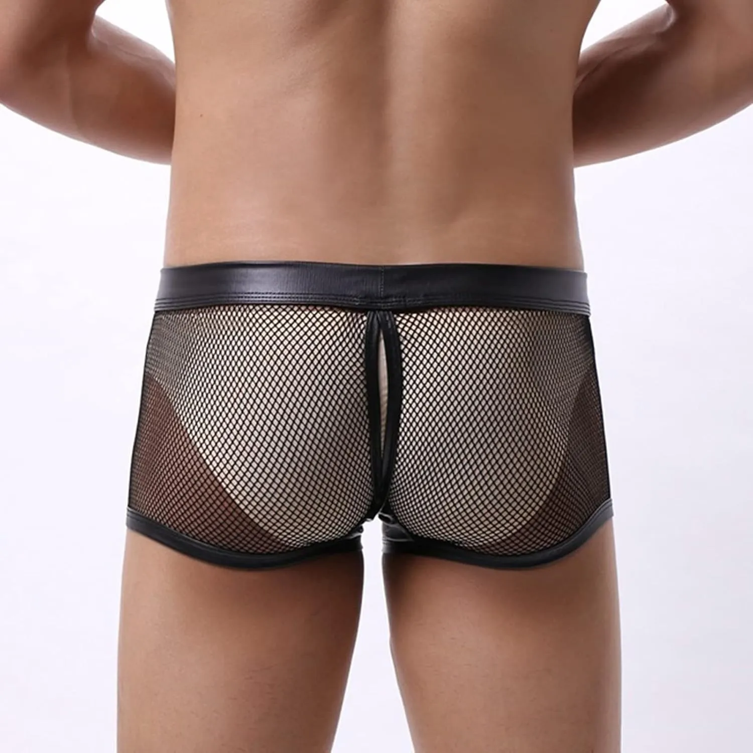 JEsilunmaMY Men's See Through Boxer Briefs Mesh Hollow Underwear with Removable Pouch Open Crotch Leather Lingerie Clubwear