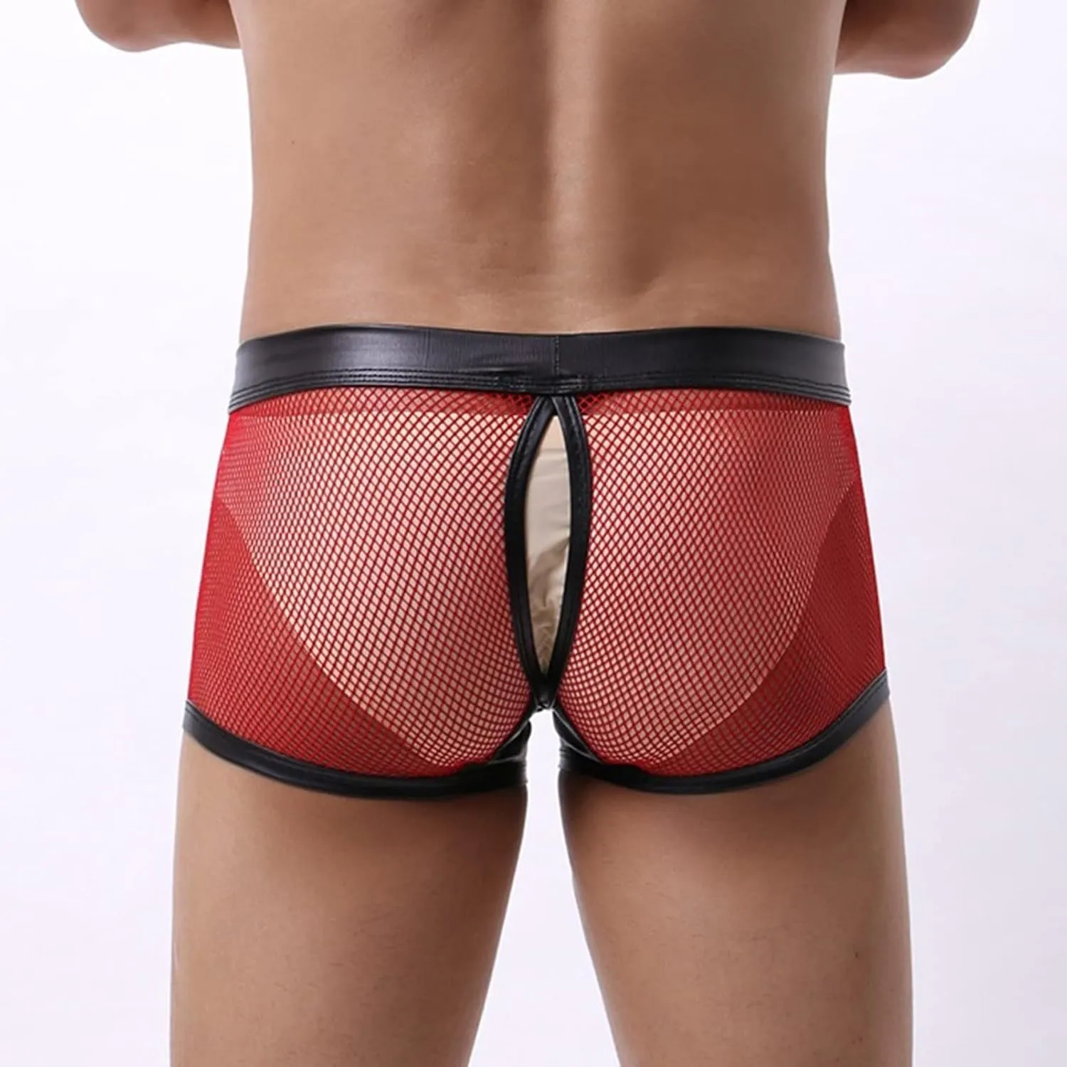 JEsilunmaMY Men's See Through Boxer Briefs Mesh Hollow Underwear with Removable Pouch Open Crotch Leather Lingerie Clubwear