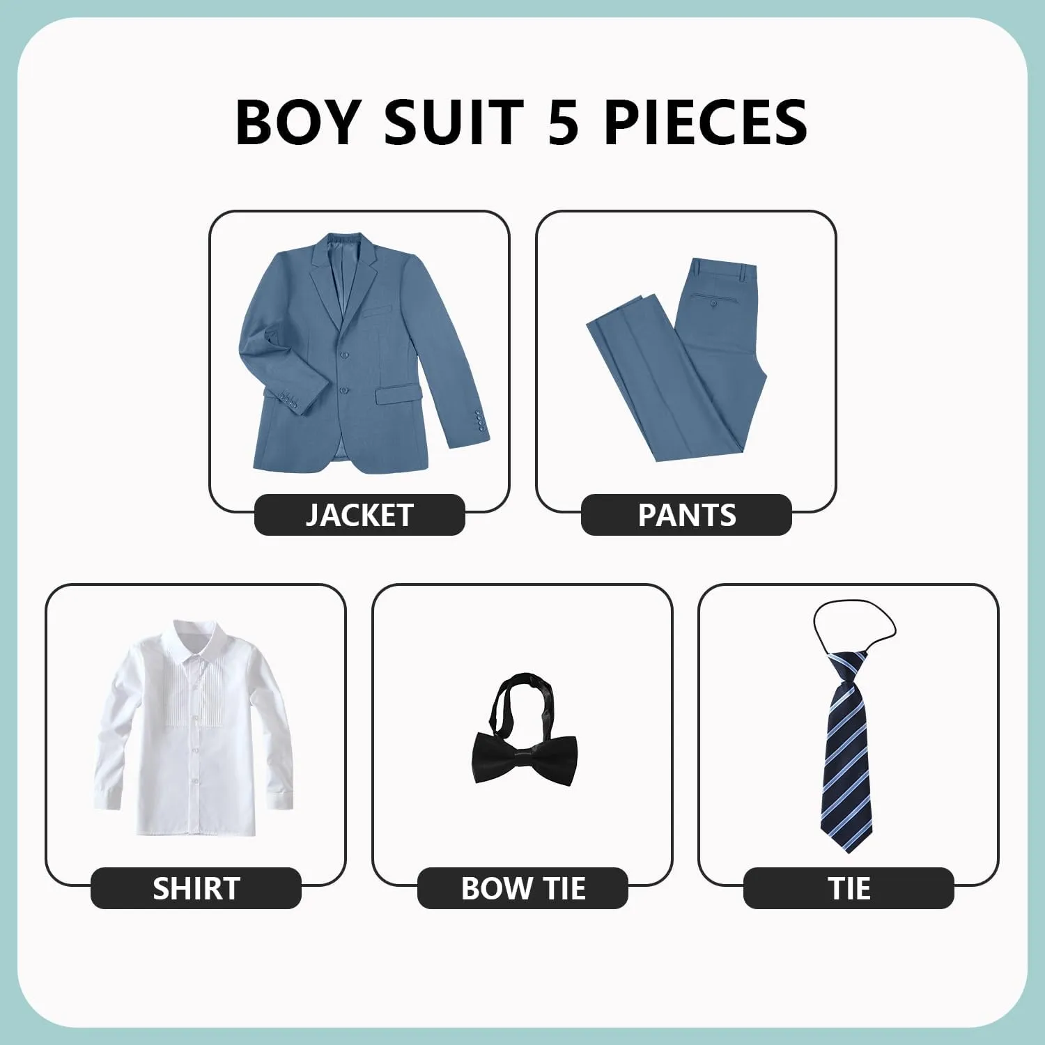 JPF Boys Formal Suits Slim Fit 5 Piece Kids Suit Jacket Pants Set with Dress Shirt and Tie for Wedding Prom