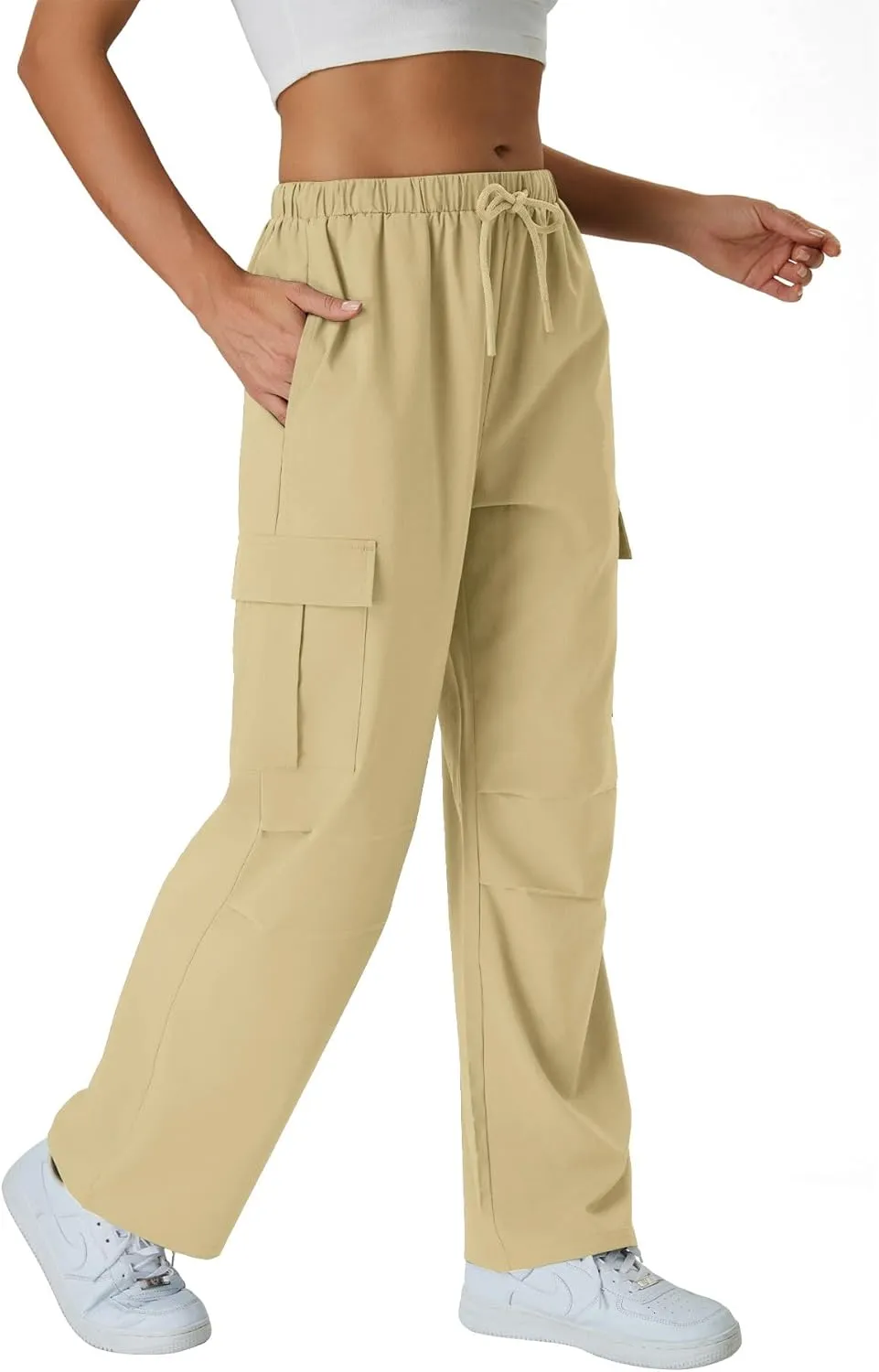 keriffe Women's Cargo Pants Quick Dry Lightweight Water-Resistant Hiking Pants Elastic High Waisted Drawstring 4 Pockets