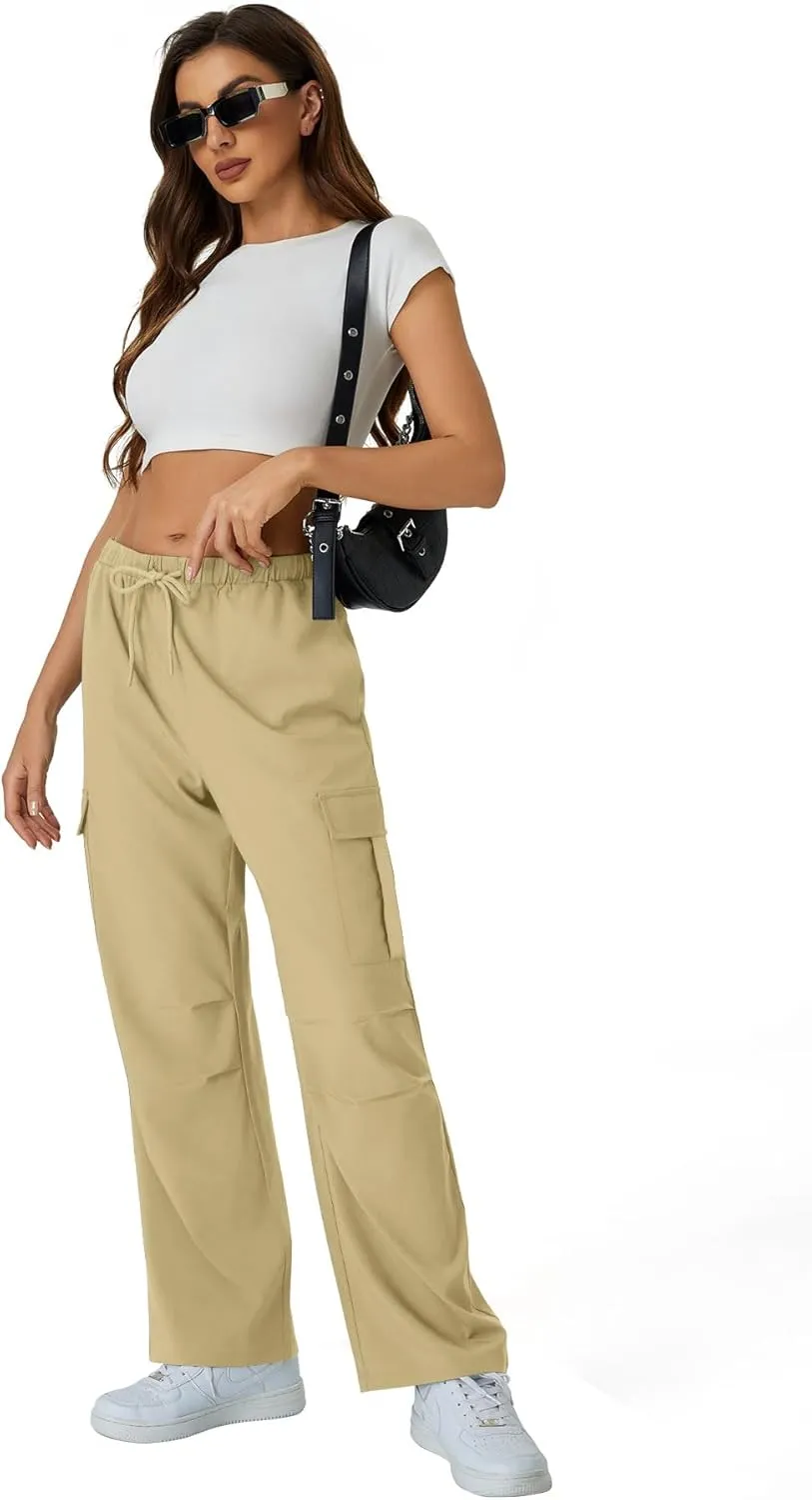 keriffe Women's Cargo Pants Quick Dry Lightweight Water-Resistant Hiking Pants Elastic High Waisted Drawstring 4 Pockets