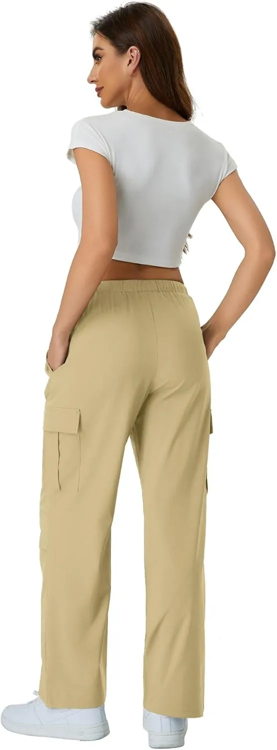 keriffe Women's Cargo Pants Quick Dry Lightweight Water-Resistant Hiking Pants Elastic High Waisted Drawstring 4 Pockets