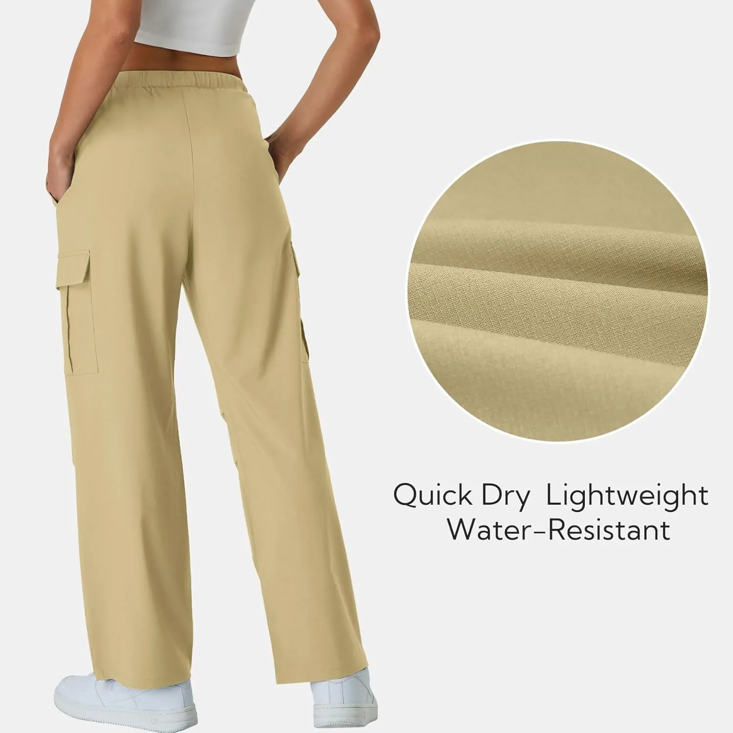 keriffe Women's Cargo Pants Quick Dry Lightweight Water-Resistant Hiking Pants Elastic High Waisted Drawstring 4 Pockets