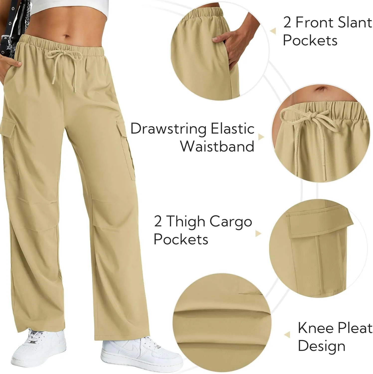 keriffe Women's Cargo Pants Quick Dry Lightweight Water-Resistant Hiking Pants Elastic High Waisted Drawstring 4 Pockets