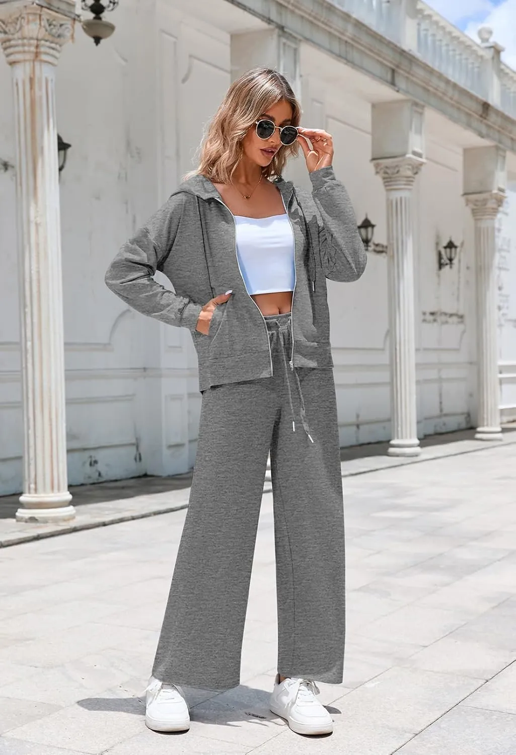 Kisscynest Women's 2 Piece Outfits Lounge Sets Zip Up Hoodies High Waist Wide Leg Pants Sweatsuit
