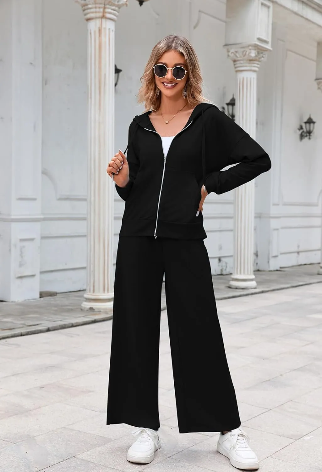 Kisscynest Women's 2 Piece Outfits Lounge Sets Zip Up Hoodies High Waist Wide Leg Pants Sweatsuit