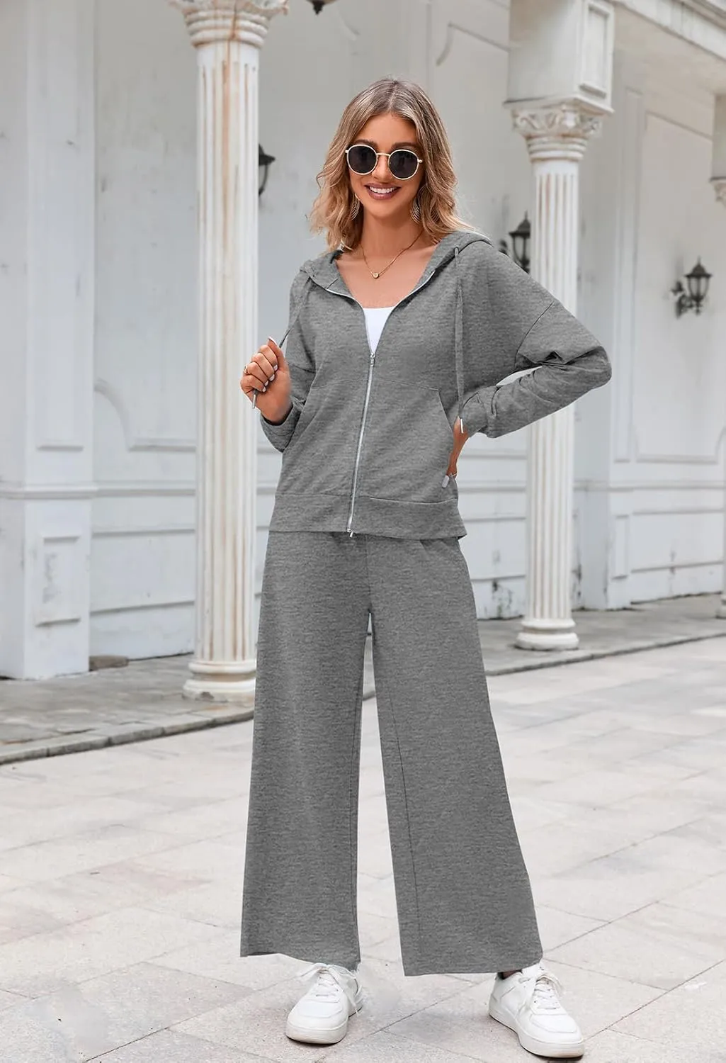 Kisscynest Women's 2 Piece Outfits Lounge Sets Zip Up Hoodies High Waist Wide Leg Pants Sweatsuit