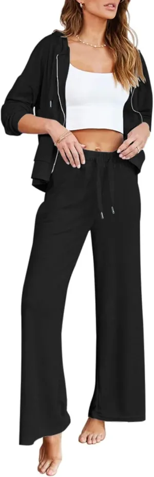 Kisscynest Women's 2 Piece Outfits Lounge Sets Zip Up Hoodies High Waist Wide Leg Pants Sweatsuit