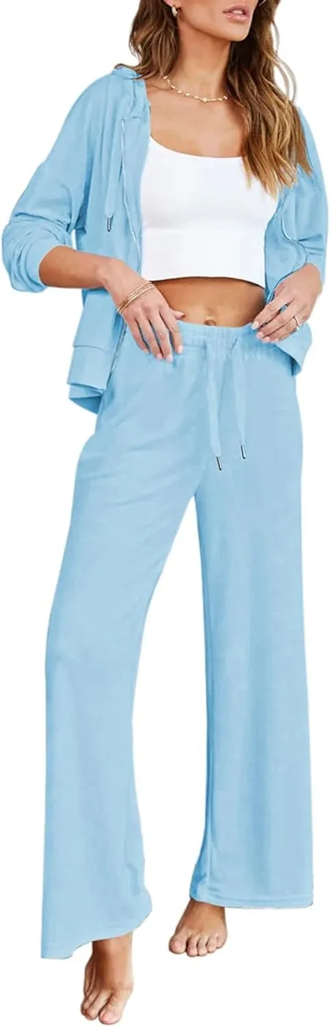 Kisscynest Women's 2 Piece Outfits Lounge Sets Zip Up Hoodies High Waist Wide Leg Pants Sweatsuit