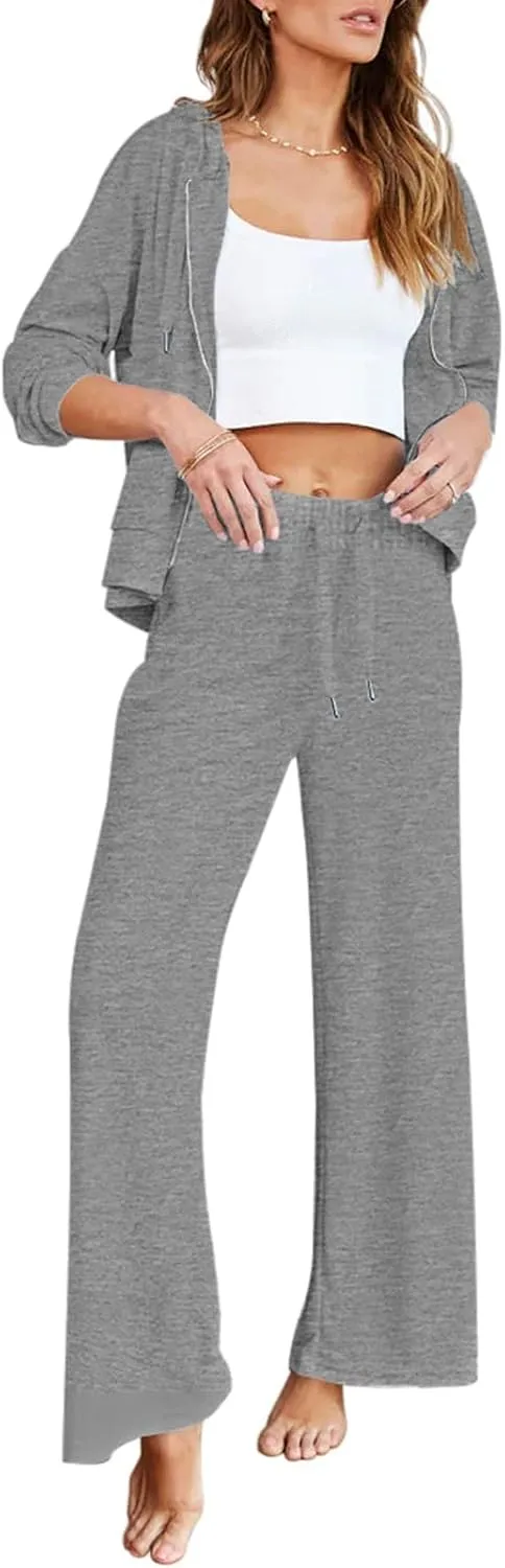 Kisscynest Women's 2 Piece Outfits Lounge Sets Zip Up Hoodies High Waist Wide Leg Pants Sweatsuit