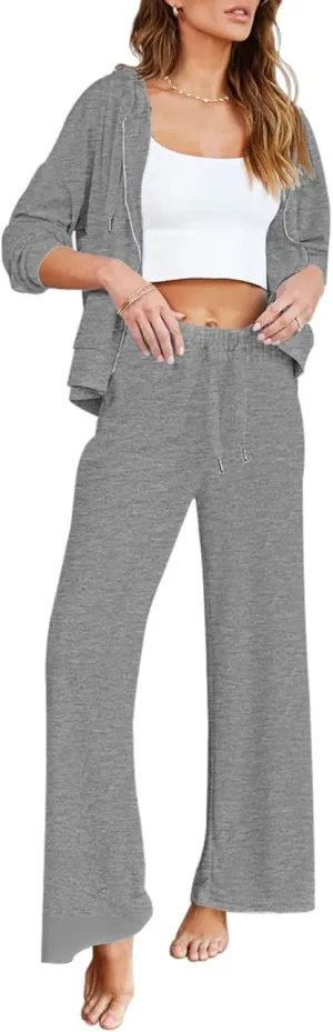 Kisscynest Women's 2 Piece Outfits Lounge Sets Zip Up Hoodies High Waist Wide Leg Pants Sweatsuit