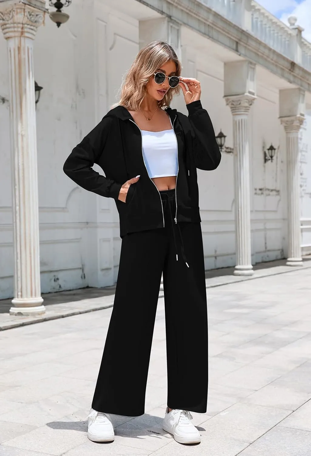 Kisscynest Women's 2 Piece Outfits Lounge Sets Zip Up Hoodies High Waist Wide Leg Pants Sweatsuit