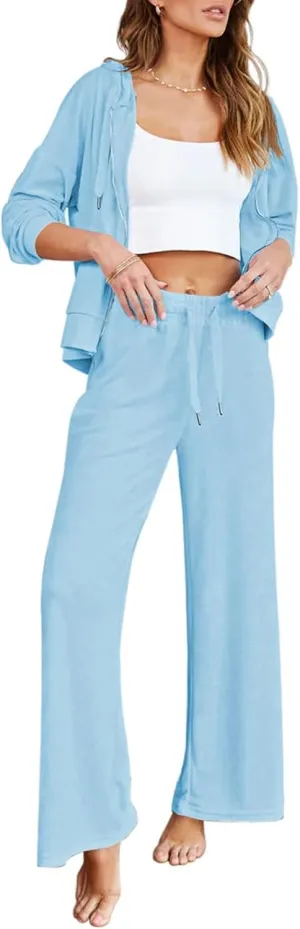 Kisscynest Women's 2 Piece Outfits Lounge Sets Zip Up Hoodies High Waist Wide Leg Pants Sweatsuit