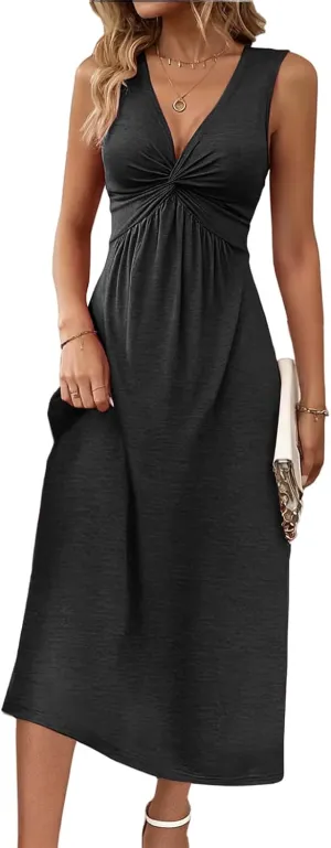 Knotted Front Dresses for Women Sleeveless Tank Dress A Line V Neck Dresses Ruffle Summer Elegant Tunic Midi Sundress