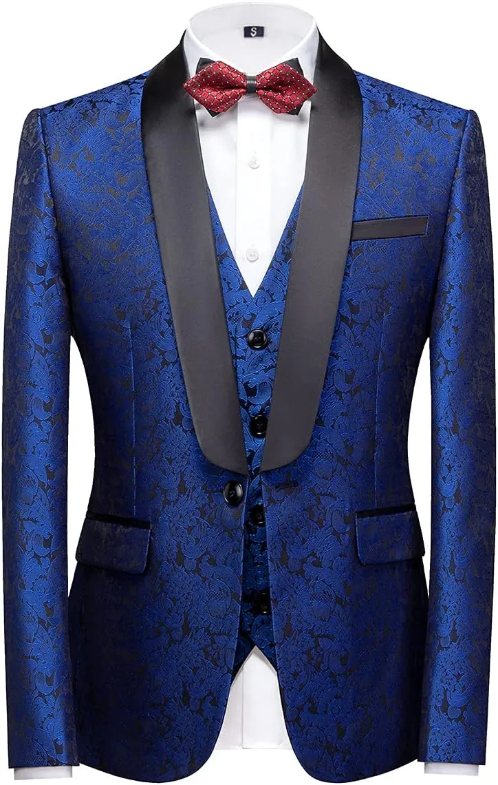 KUDORO Mens Suits Slim Fit 3 Piece Tuxedo Suit Set for Prom Wedding Party Paisley Jacket Vest Pants Homecoming Outfit