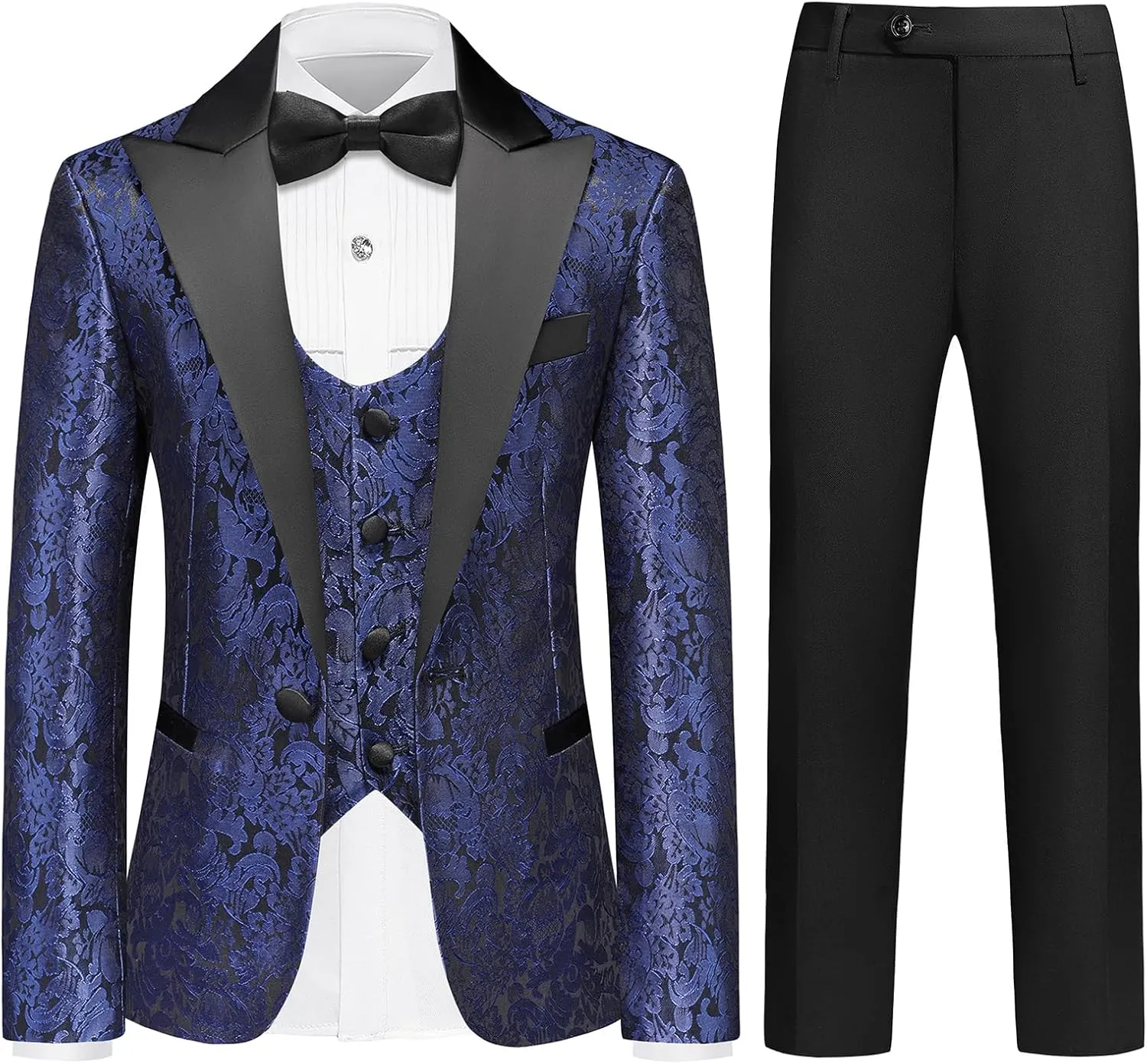 Lamgool Boys Tuxedo Suits 5 Piece Slim Fit Kids Floral Jacquard Formal Set Blazer White Shirt Vest Pants Bow Tie for Prom