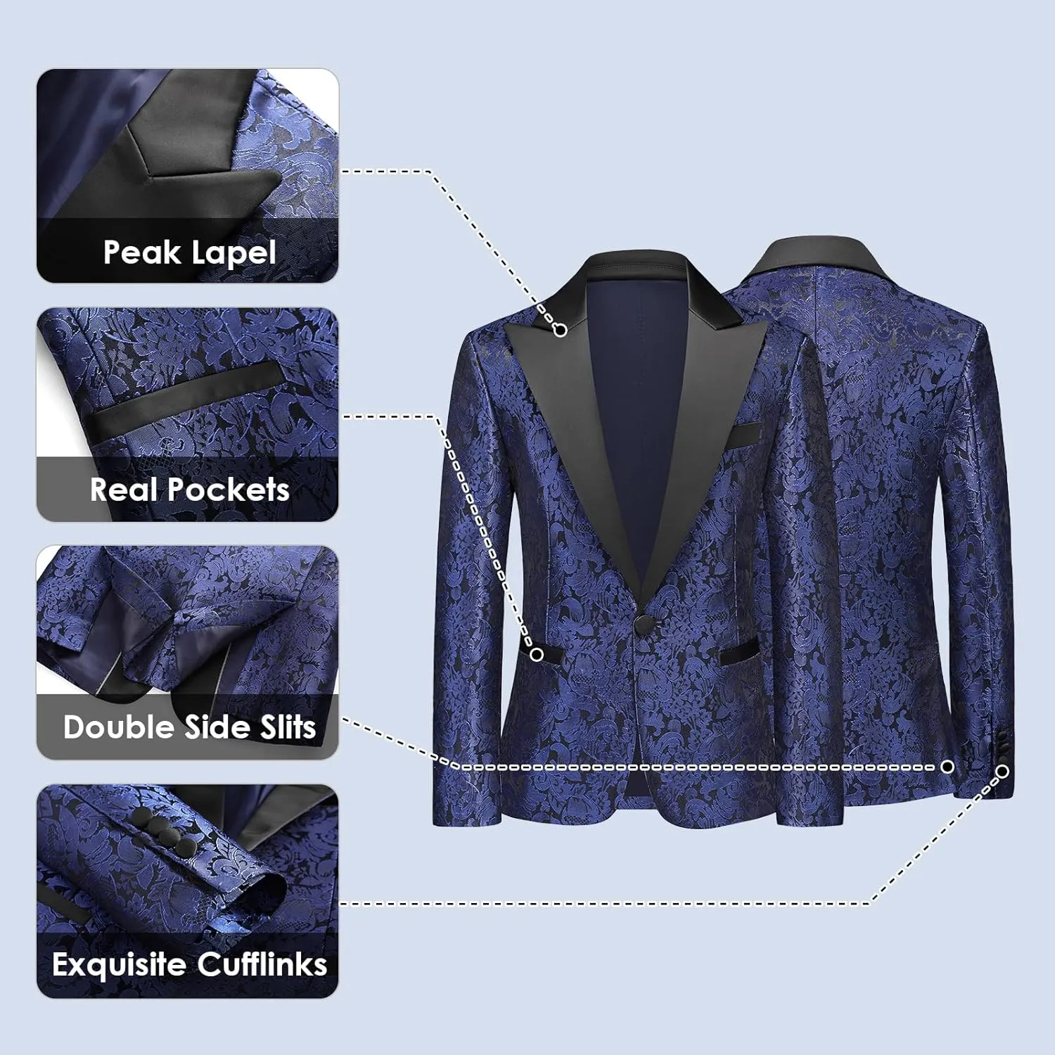 Lamgool Boys Tuxedo Suits 5 Piece Slim Fit Kids Floral Jacquard Formal Set Blazer White Shirt Vest Pants Bow Tie for Prom