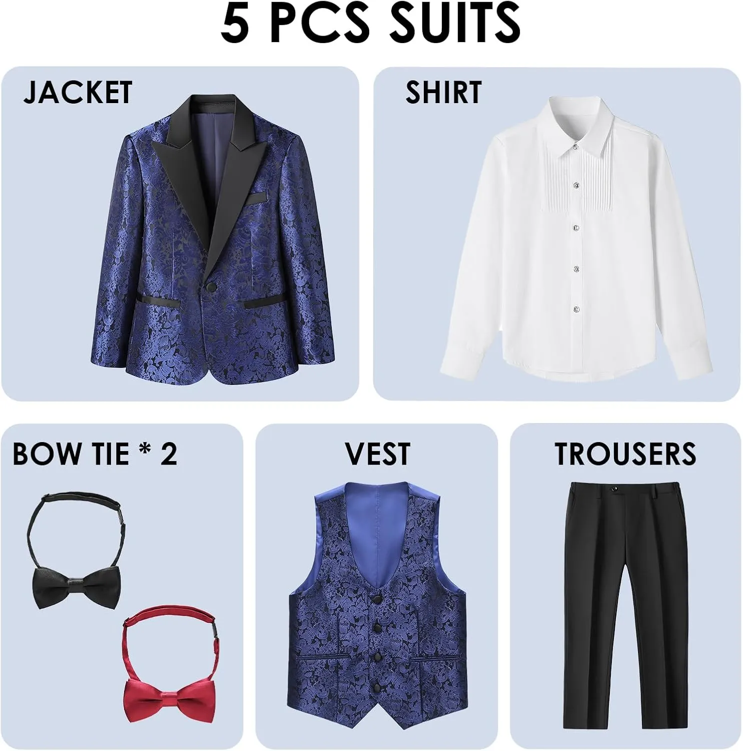 Lamgool Boys Tuxedo Suits 5 Piece Slim Fit Kids Floral Jacquard Formal Set Blazer White Shirt Vest Pants Bow Tie for Prom