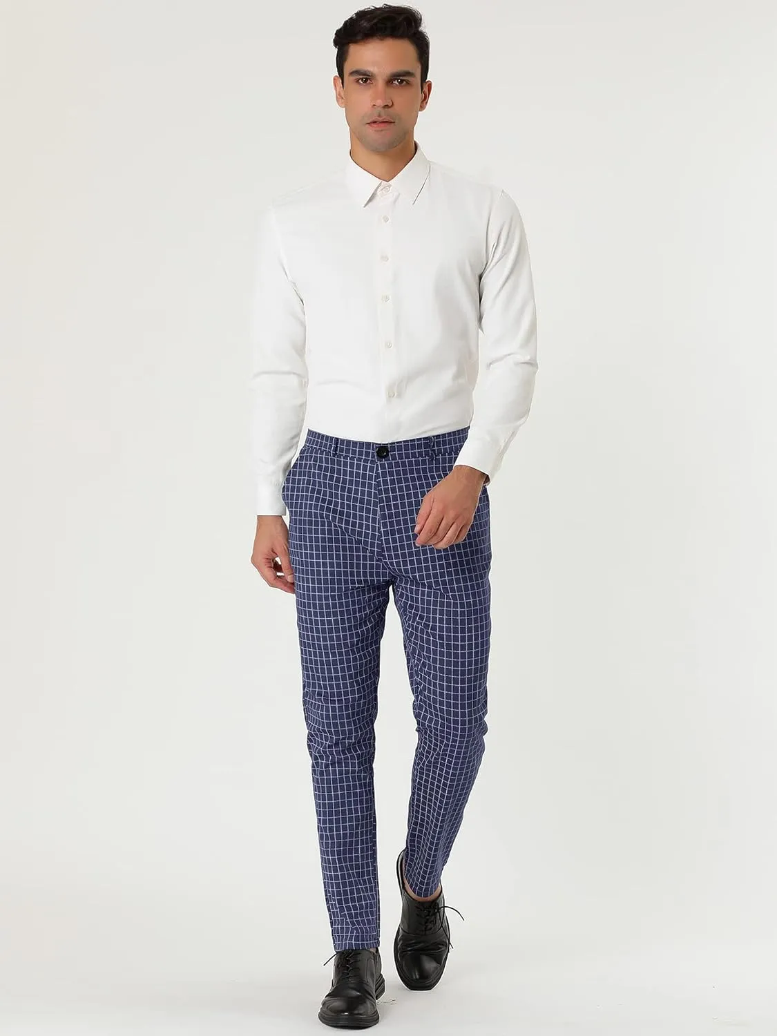 Lars Amadeus Men's Business Pants Checked Printed Slim Fit Flat Front Plaid Dress Trousers