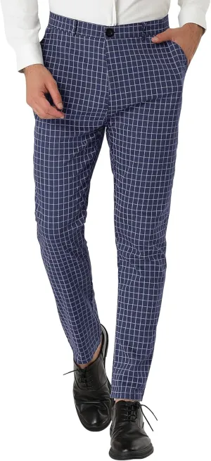 Lars Amadeus Men's Business Pants Checked Printed Slim Fit Flat Front Plaid Dress Trousers
