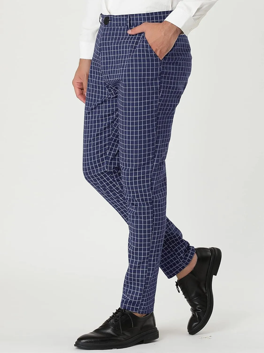 Lars Amadeus Men's Business Pants Checked Printed Slim Fit Flat Front Plaid Dress Trousers