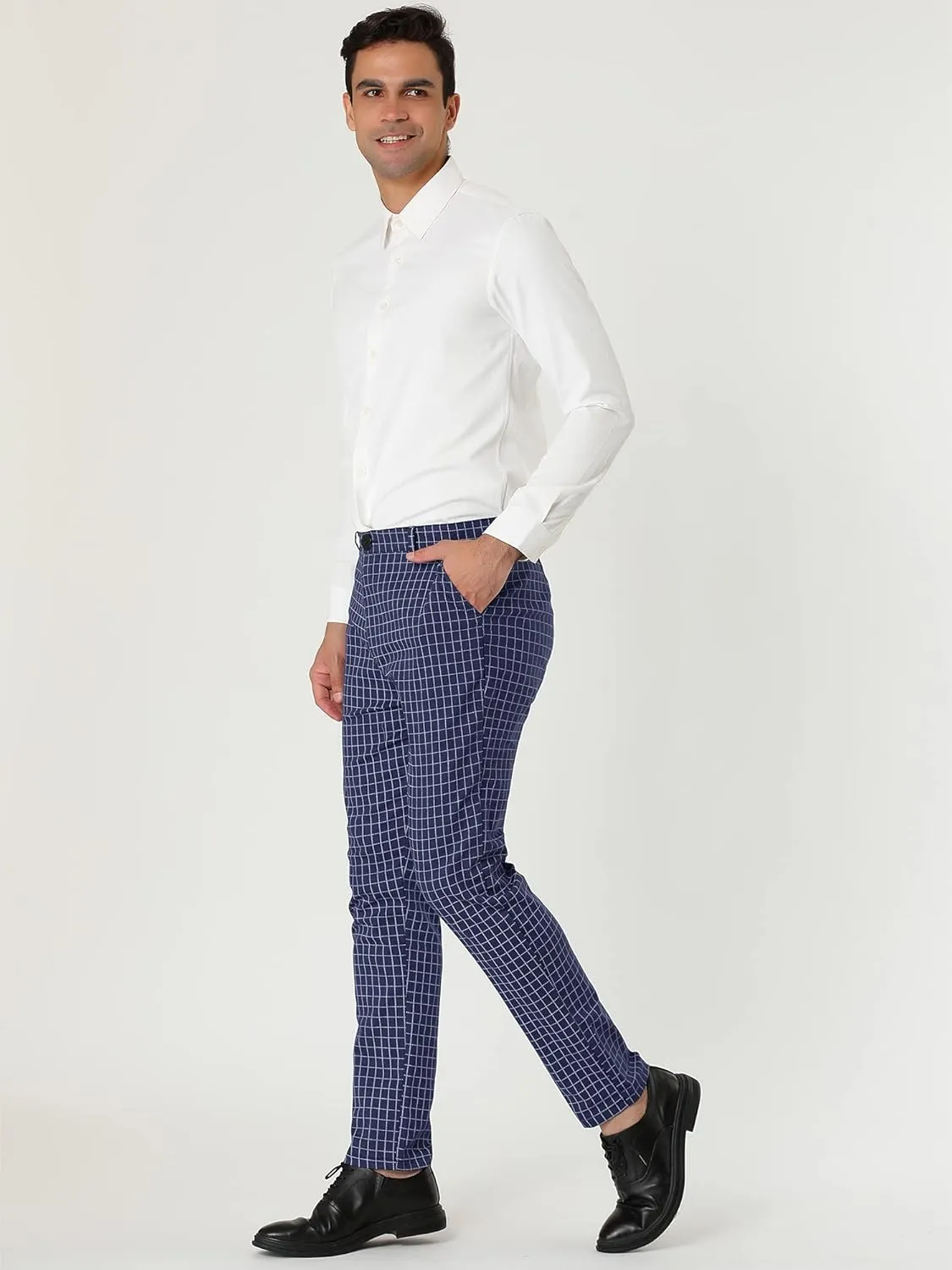 Lars Amadeus Men's Business Pants Checked Printed Slim Fit Flat Front Plaid Dress Trousers