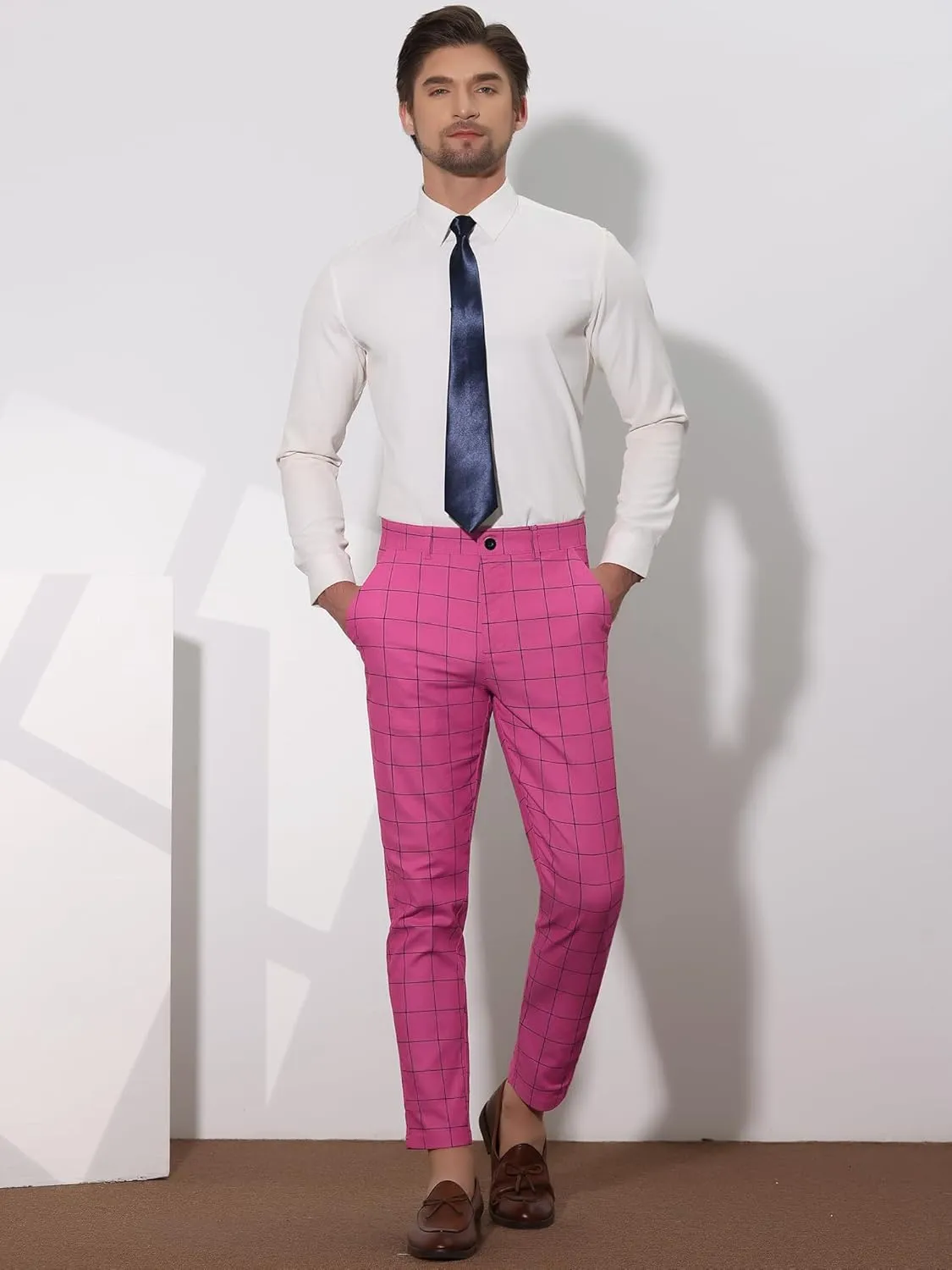 Lars Amadeus Men's Dress Plaid Slim Fit Flat Front Business Pants with Pockets