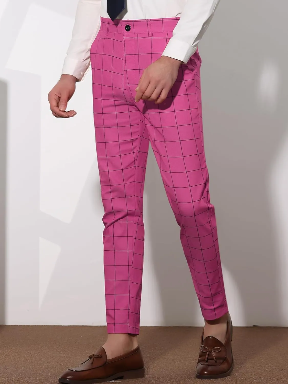 Lars Amadeus Men's Dress Plaid Slim Fit Flat Front Business Pants with Pockets