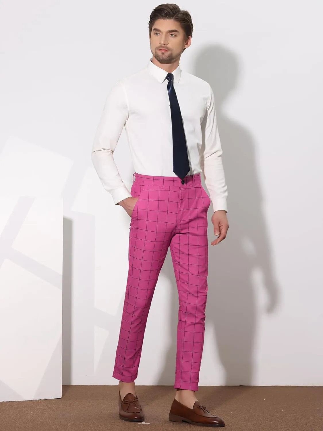 Lars Amadeus Men's Dress Plaid Slim Fit Flat Front Business Pants with Pockets