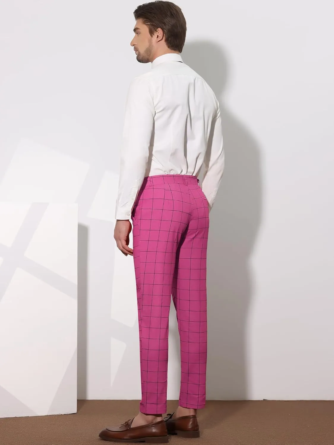 Lars Amadeus Men's Dress Plaid Slim Fit Flat Front Business Pants with Pockets