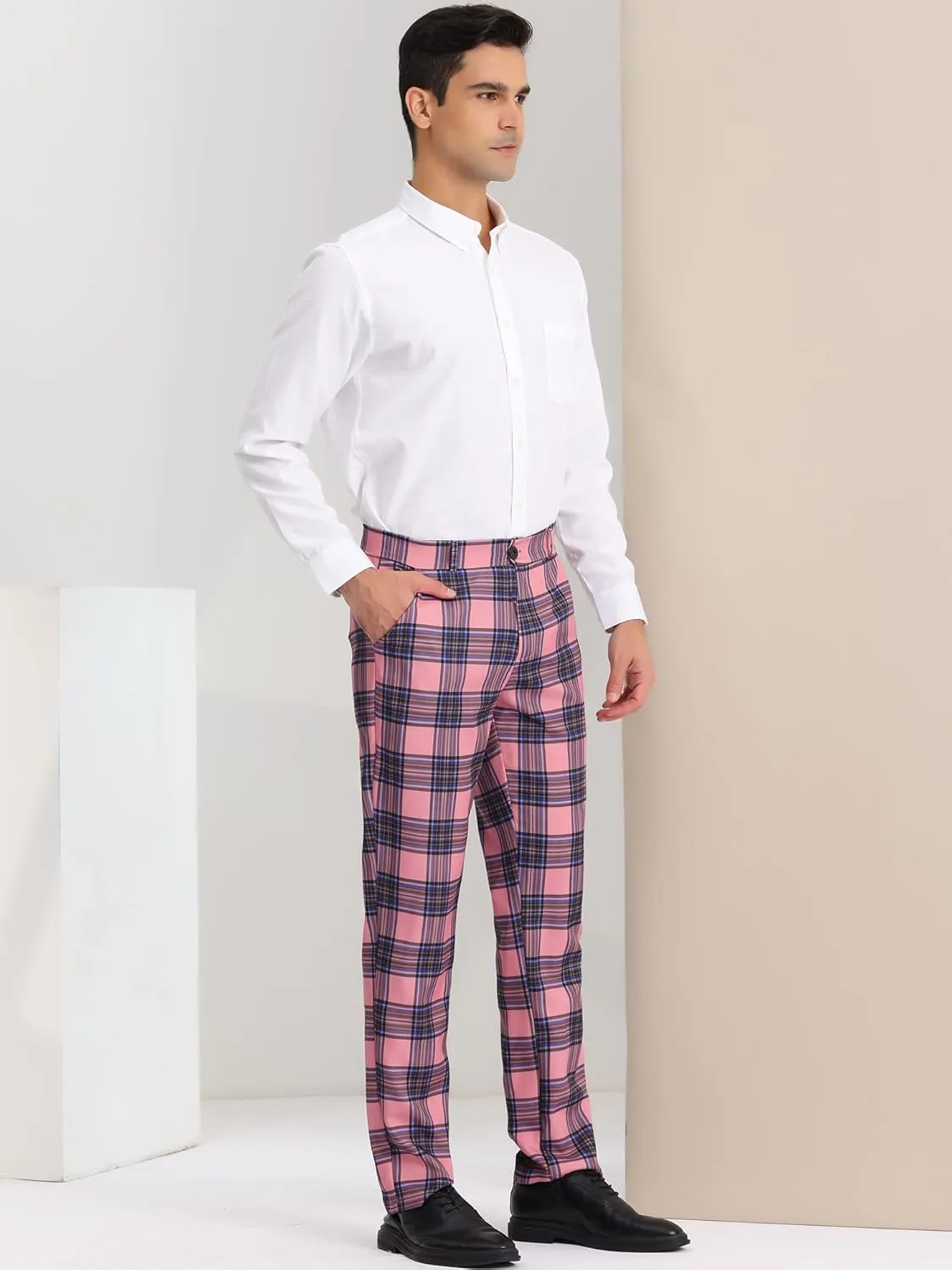 Lars Amadeus Men's Plaid Dress Pants Flat Front Regular Fit Business Checked Trousers