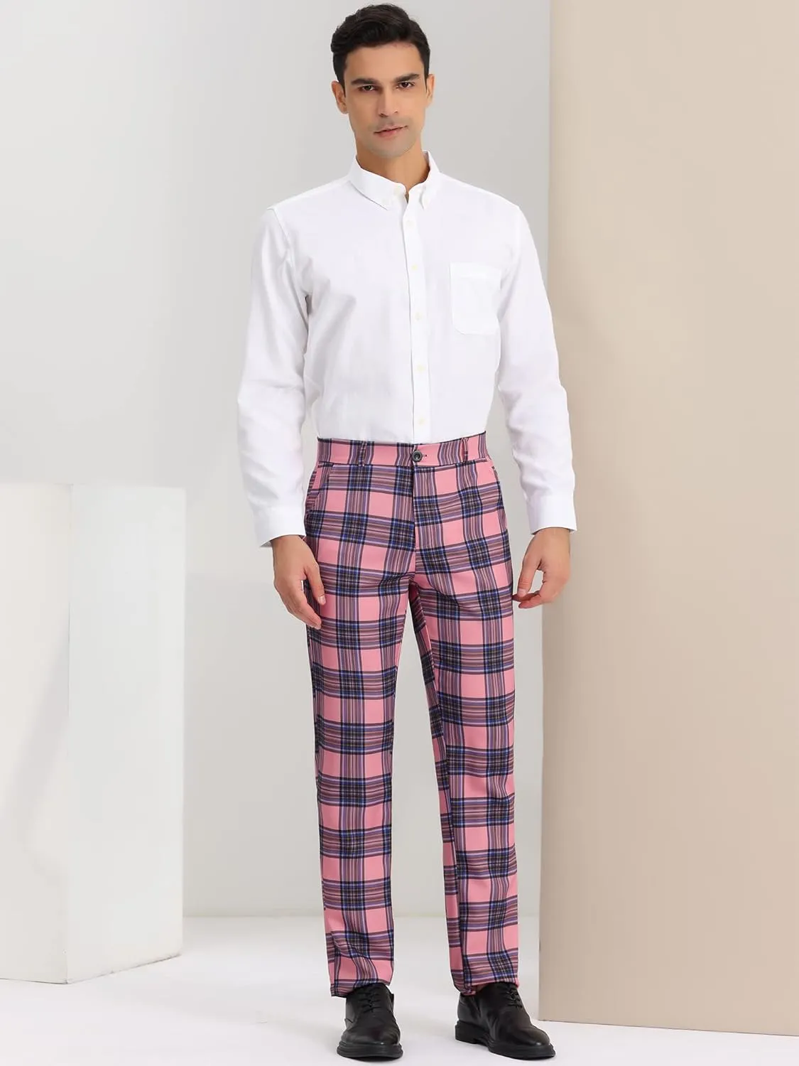 Lars Amadeus Men's Plaid Dress Pants Flat Front Regular Fit Business Checked Trousers
