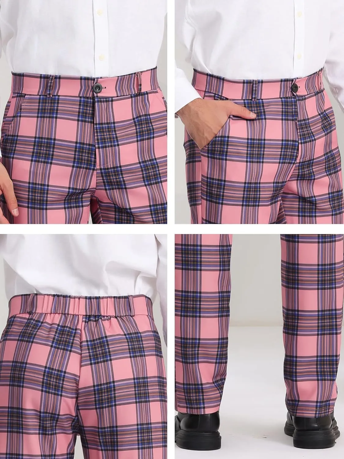 Lars Amadeus Men's Plaid Dress Pants Flat Front Regular Fit Business Checked Trousers