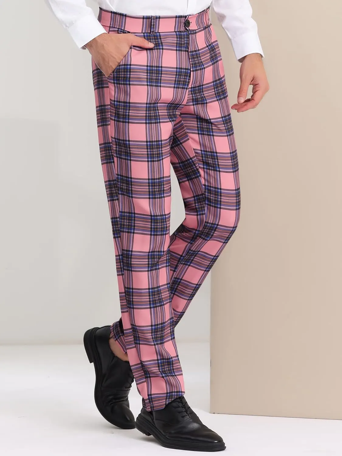 Lars Amadeus Men's Plaid Dress Pants Flat Front Regular Fit Business Checked Trousers