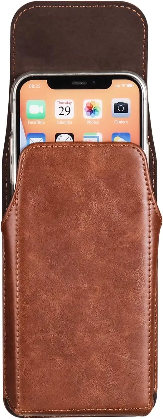 Leather Cell Phone Belt Clip Holder Men, Vertical Leather Cell Phone Belt Bag, 6.1" Vertical PU Leather Smartphone Waist Bag Sports Travel Camping Purse Pocket Belt Pouch Bag with Carabiner Hook