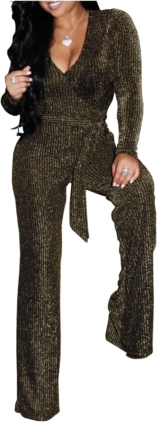LightlyKiss Women Casual Sexy V Neck Sparkly Jumpsuits Long Sleeve Onesie Loose Pants Party Clubwear with Belt