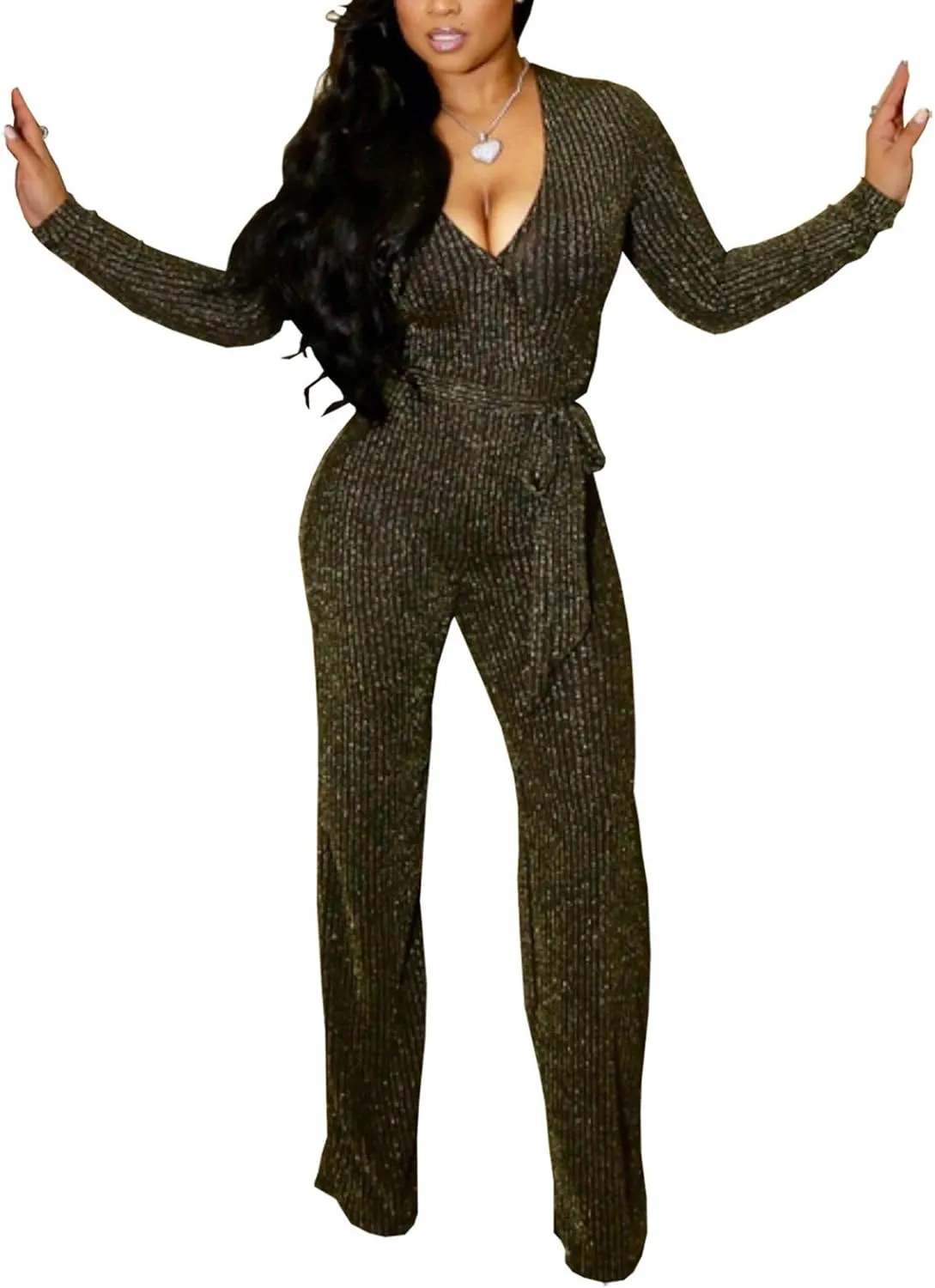 LightlyKiss Women Casual Sexy V Neck Sparkly Jumpsuits Long Sleeve Onesie Loose Pants Party Clubwear with Belt