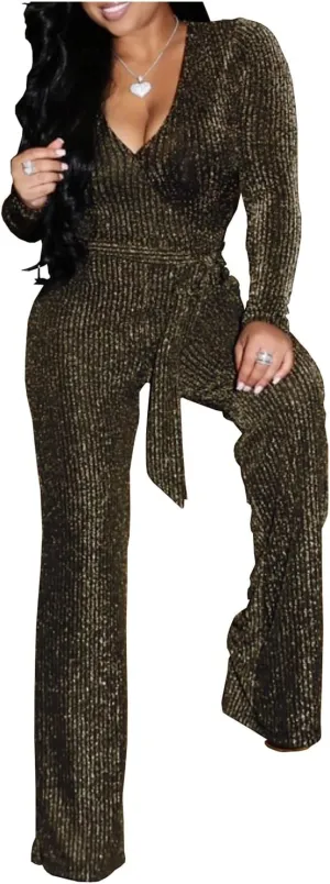 LightlyKiss Women Casual Sexy V Neck Sparkly Jumpsuits Long Sleeve Onesie Loose Pants Party Clubwear with Belt