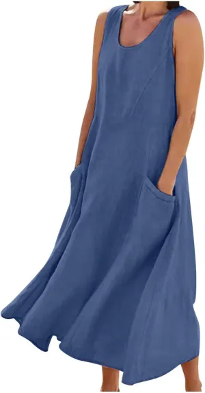 Linen Dresses for Women 2025 Summer Casual Sleeveless Sundress Loose Flowy Beach Vacation Midi Dress with Pockets