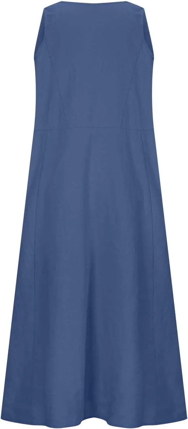 Linen Dresses for Women 2025 Summer Casual Sleeveless Sundress Loose Flowy Beach Vacation Midi Dress with Pockets