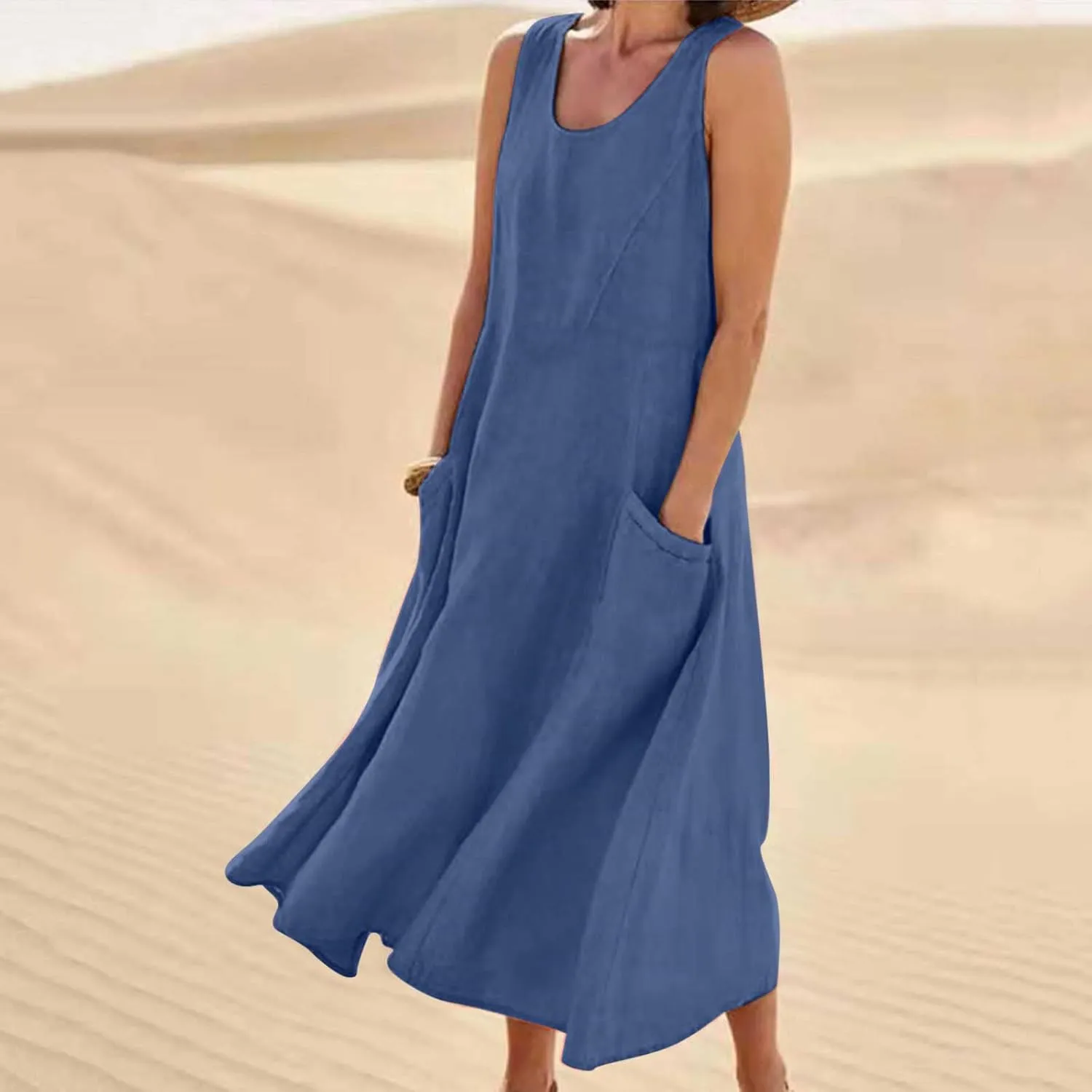 Linen Dresses for Women 2025 Summer Casual Sleeveless Sundress Loose Flowy Beach Vacation Midi Dress with Pockets