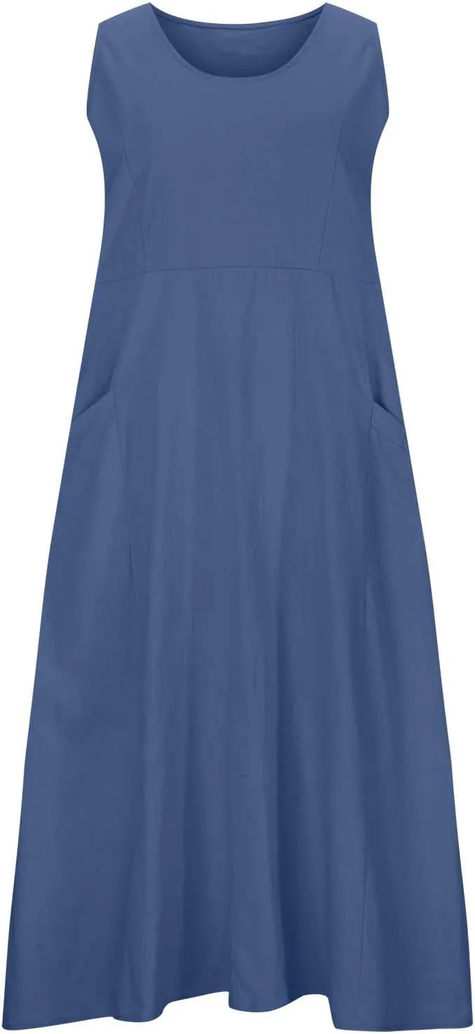 Linen Dresses for Women 2025 Summer Casual Sleeveless Sundress Loose Flowy Beach Vacation Midi Dress with Pockets
