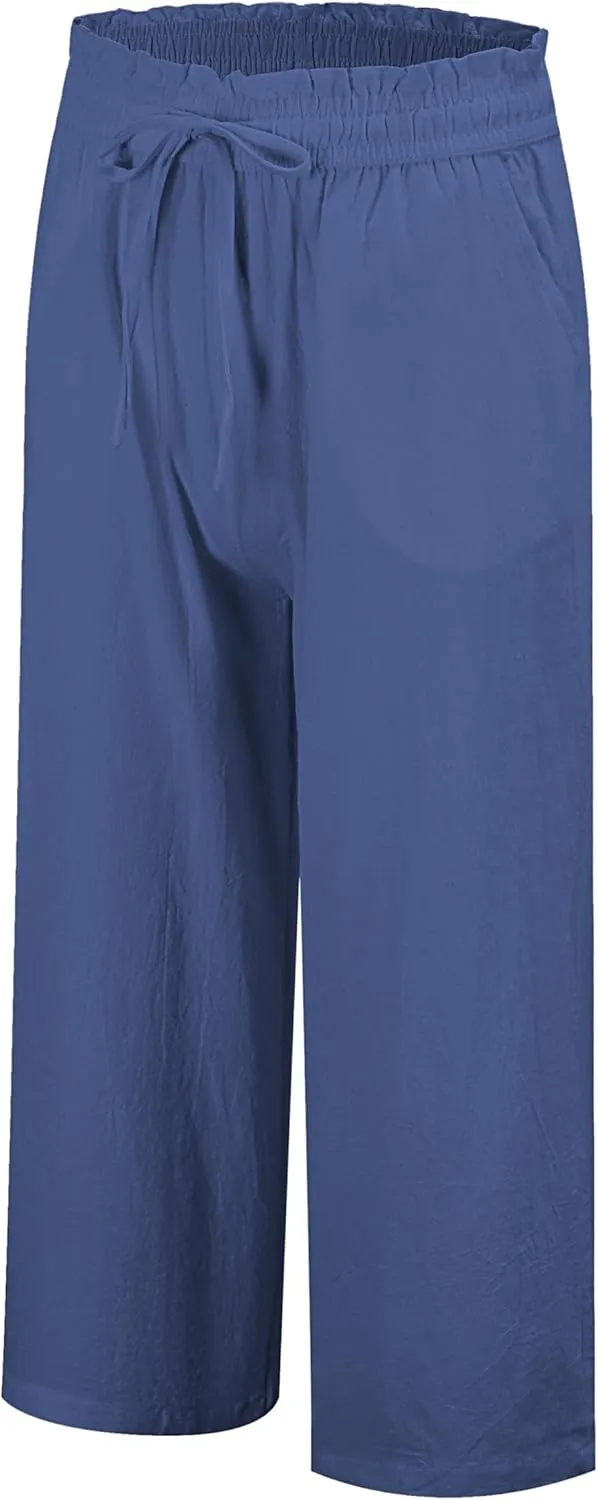 LNX Womens Linen Pants High Waisted Wide Leg Drawstring Casual Loose Trousers with Pockets