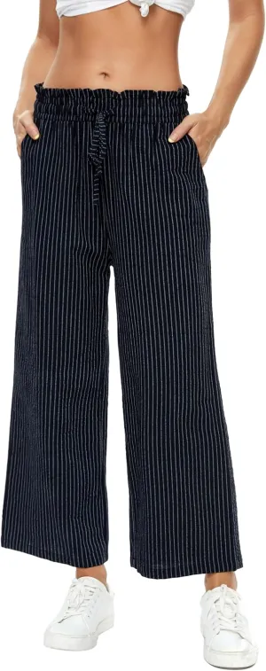 LNX Womens Linen Pants High Waisted Wide Leg Drawstring Casual Loose Trousers with Pockets